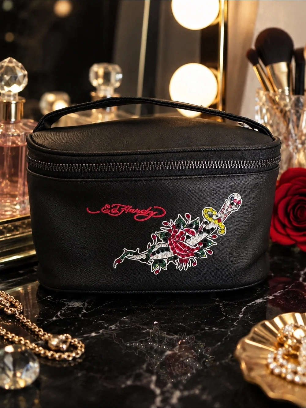 NWOT Ed Hardy Rhinestone Rose Dagger Cosmetic Travel Makeup Case Y2K Black Rock